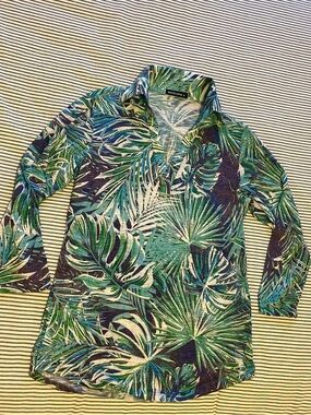 David Cline purple/blue/green/white 3/4 sleeve, collared shirt — like new!